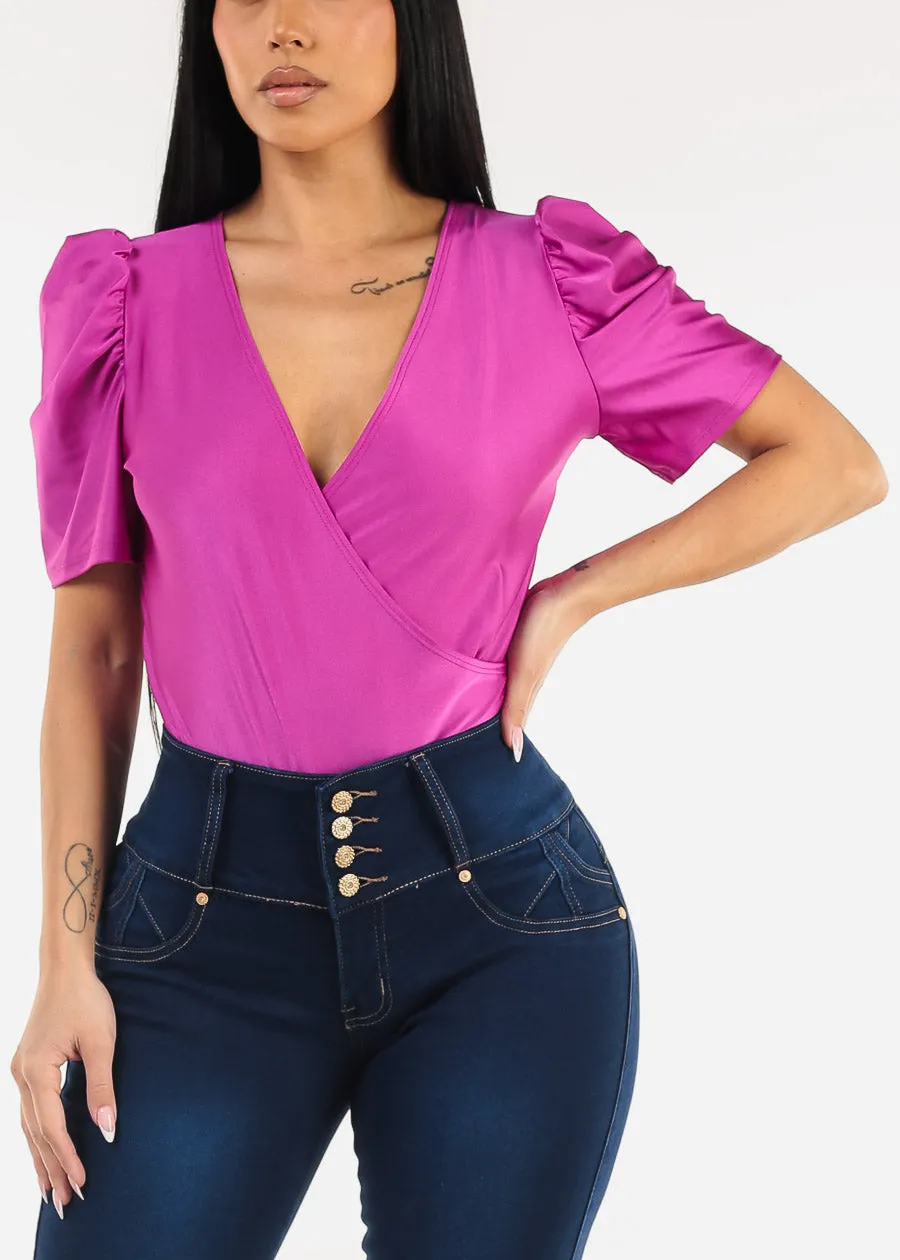 Short Puff Sleeve Surplice Satin Bodysuit Purple sold by Moda product image thumbnail 5
