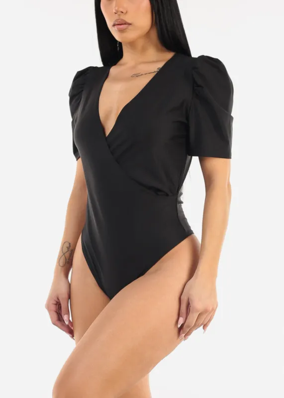 Black Short Puff Sleeve Surplice Satin Bodysuit sold by Moda