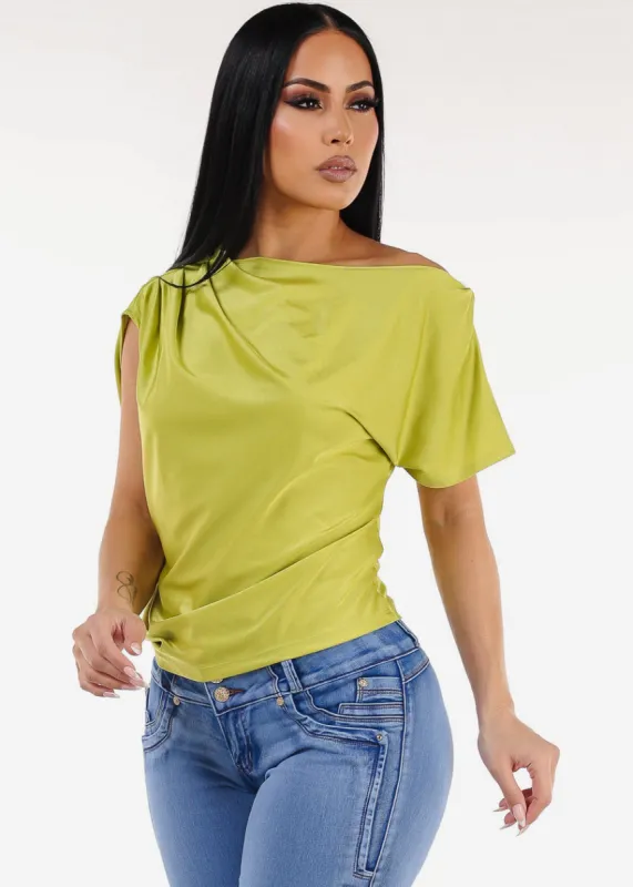 Asymmetrical Neckline Pleated Satin Blouse Lime sold by Moda