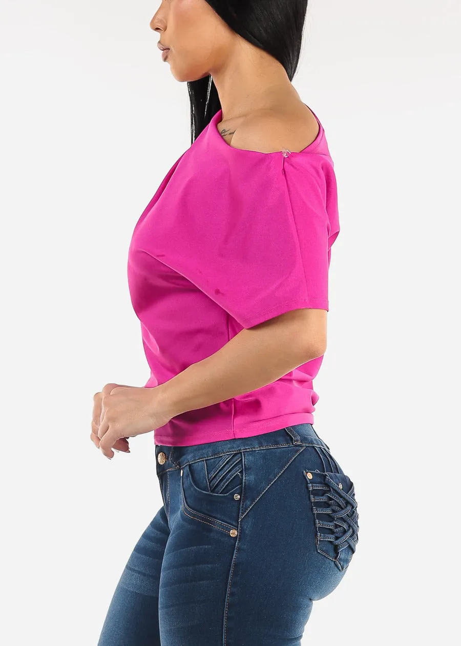 Asymmetrical Neckline Pleated Satin Blouse Fuchsia sold by Moda product image thumbnail 3