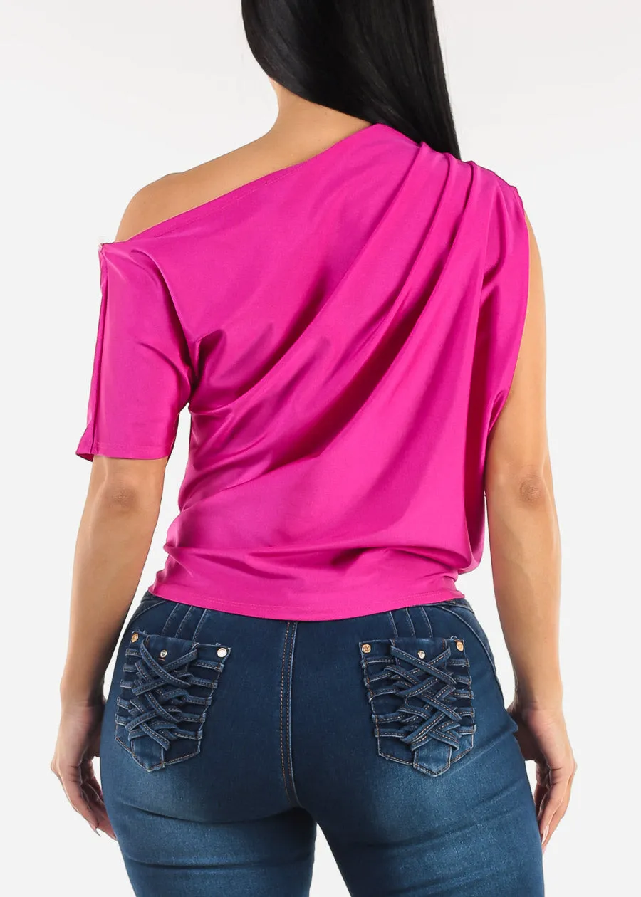 Asymmetrical Neckline Pleated Satin Blouse Fuchsia sold by Moda product image thumbnail 4