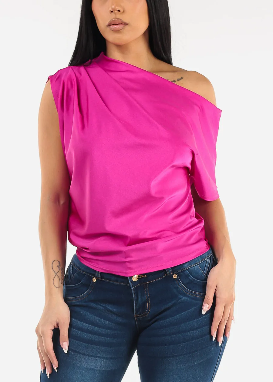 Asymmetrical Neckline Pleated Satin Blouse Fuchsia sold by Moda