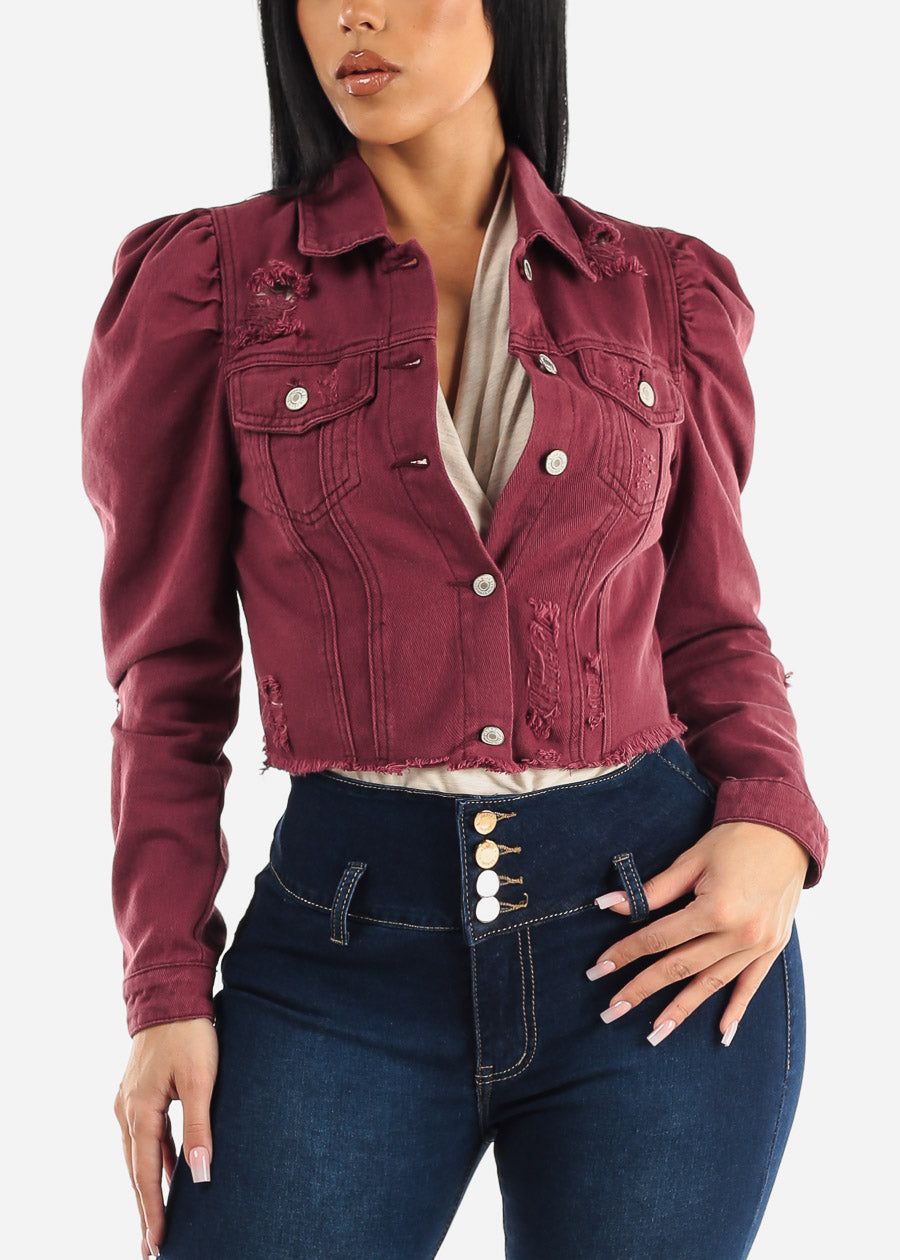 Puff Sleeve Distressed Cropped Denim Jacket Burgundy sold by Moda product image thumbnail 5