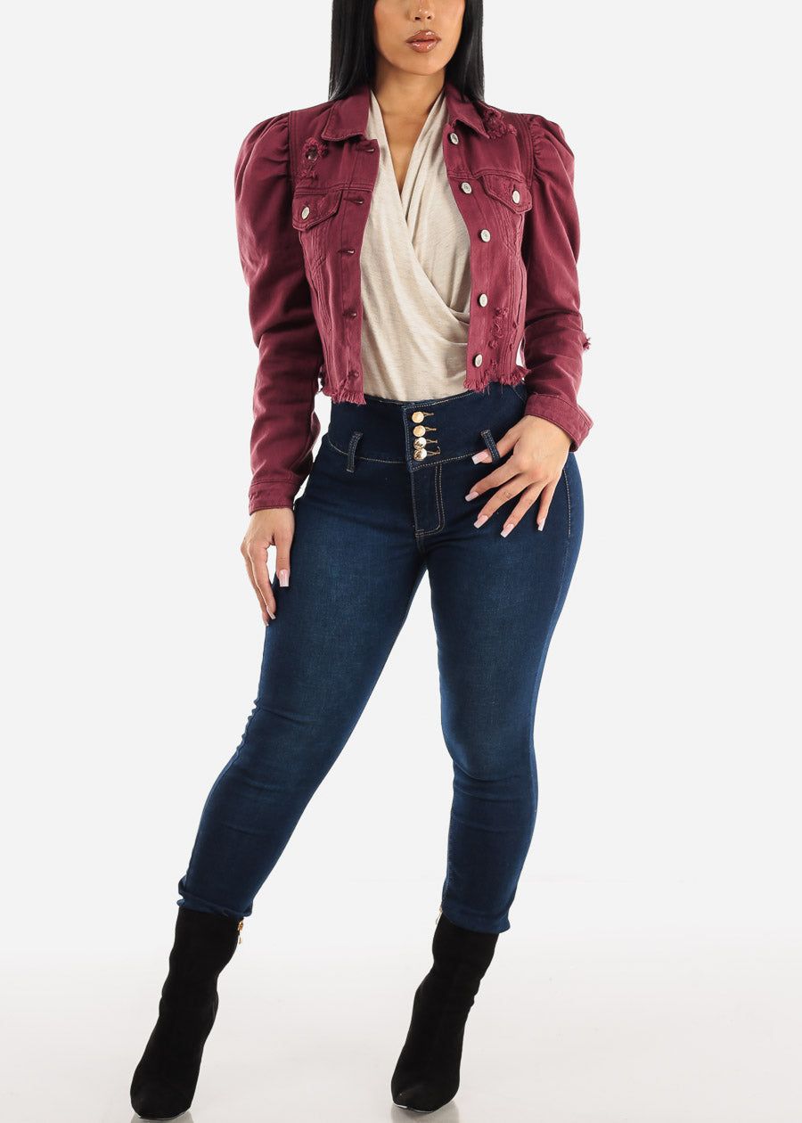Puff Sleeve Distressed Cropped Denim Jacket Burgundy sold by Moda product image thumbnail 2