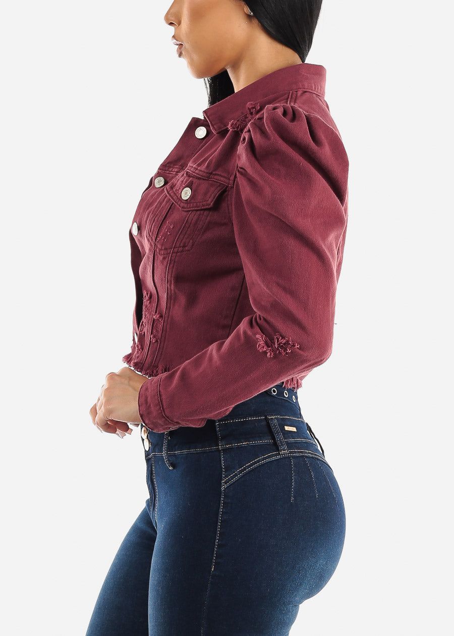 Puff Sleeve Distressed Cropped Denim Jacket Burgundy sold by Moda product image thumbnail 3