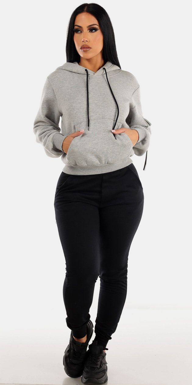 Black Smocked High Waist Jogger Pants with Grey Long Sleeve Fleece Pullover Hoodie sold by Moda