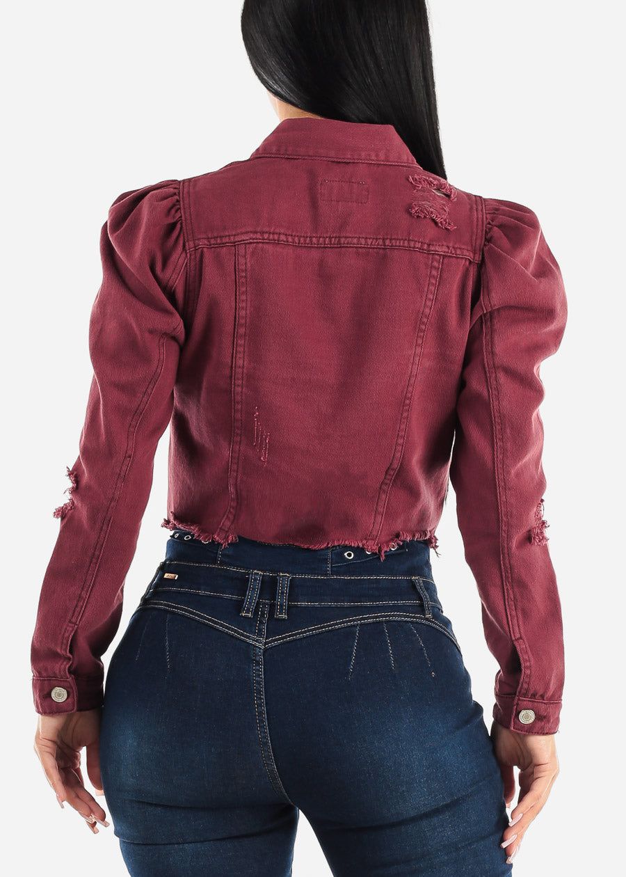 Puff Sleeve Distressed Cropped Denim Jacket Burgundy sold by Moda product image thumbnail 4