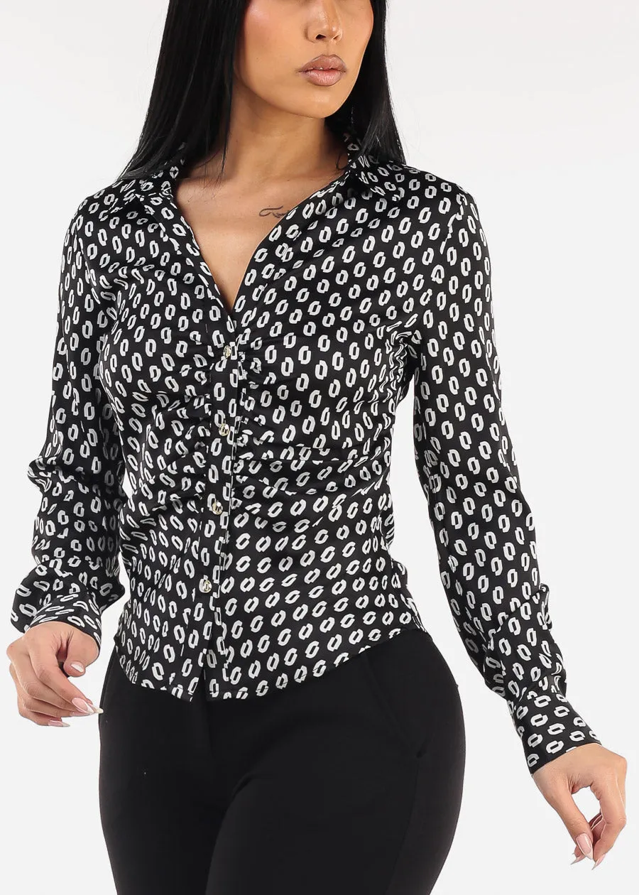 Button Down Ruched Printed Blouse Black sold by Moda