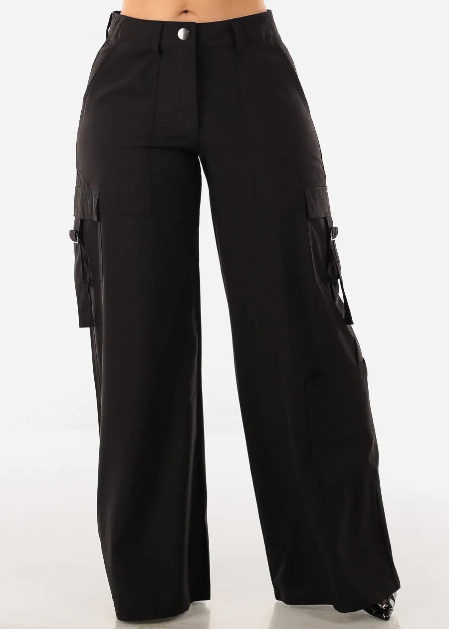 Black High Waisted Wide Leg Cargo Pants sold by Moda