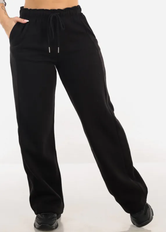 Elastic Waistband Wide Leg Sweatpants Black sold by Moda