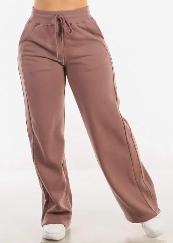 High Waist Wide Leg Fleece Sweatpants Light Maroon sold by Moda