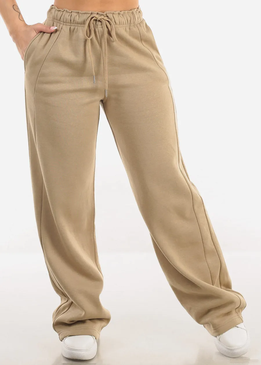 Elastic Waistband Wide Leg Sweatpants Khaki sold by Moda