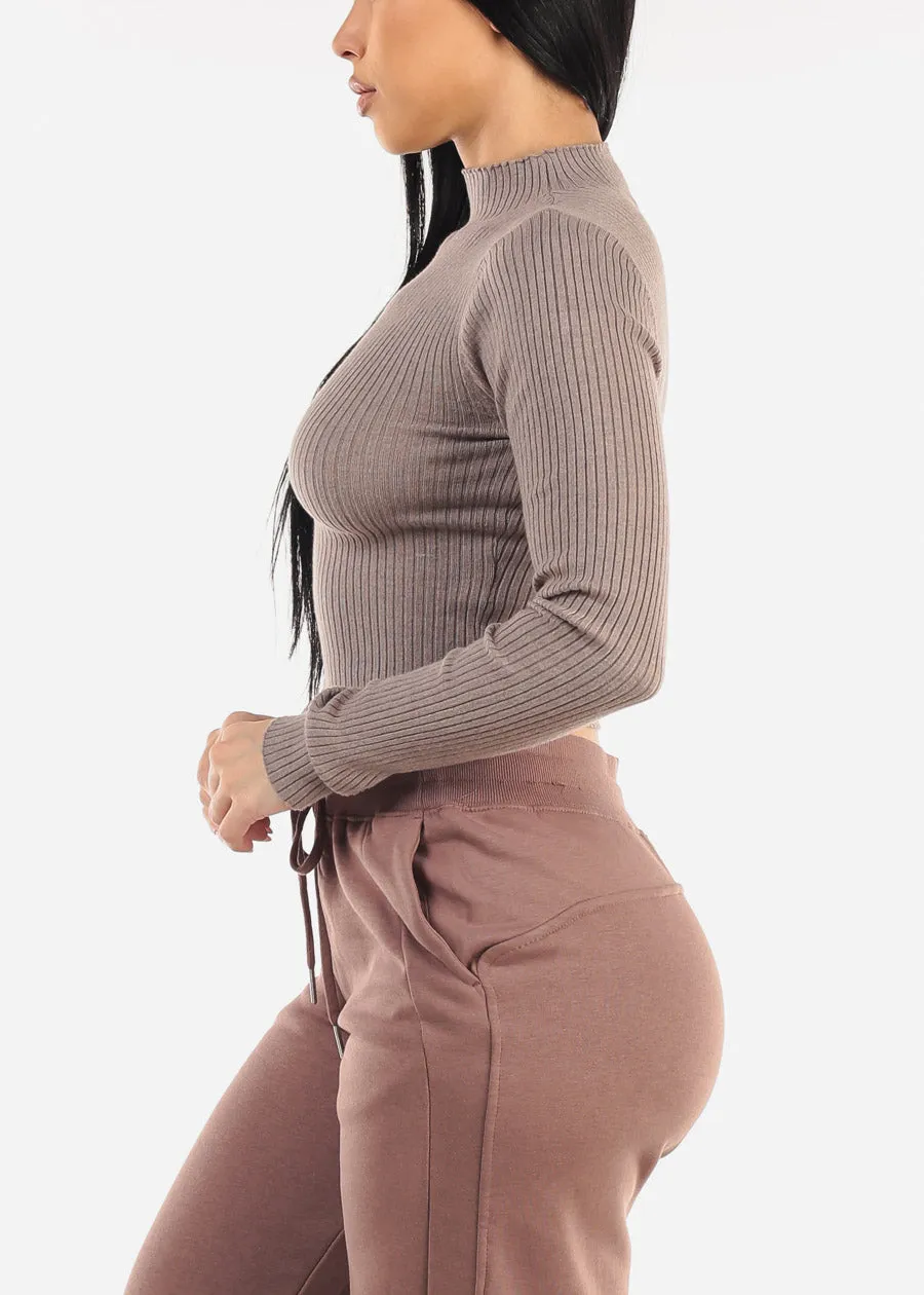 Mock Neck Ribbed Crop Sweater Top Mocha sold by Moda product image thumbnail 3