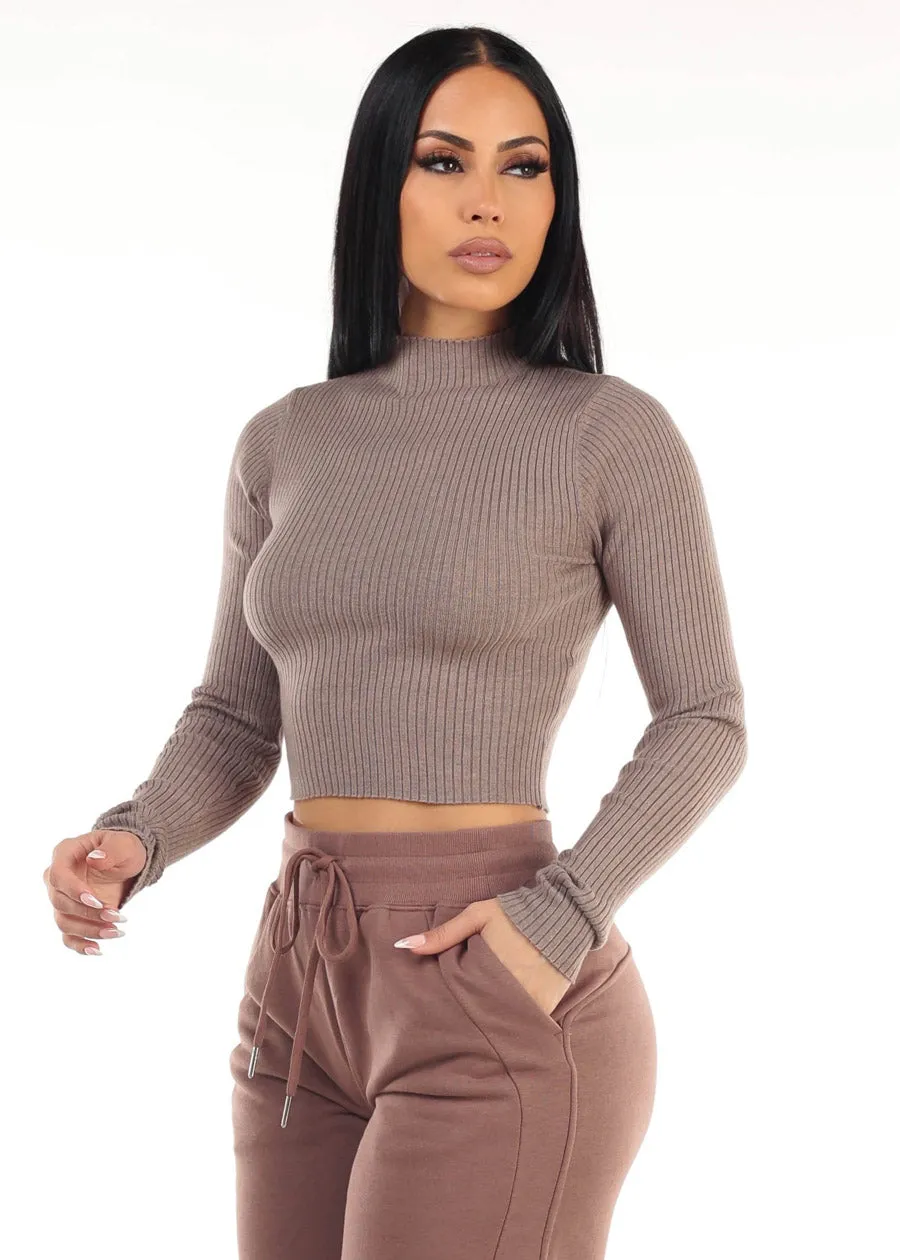 Mock Neck Ribbed Crop Sweater Top Mocha sold by Moda