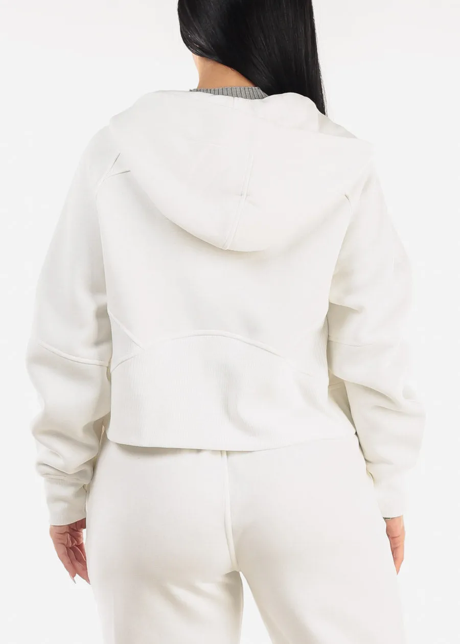 Zip Up White Fleece Hoodie w Thumbholes sold by Moda product image thumbnail 4