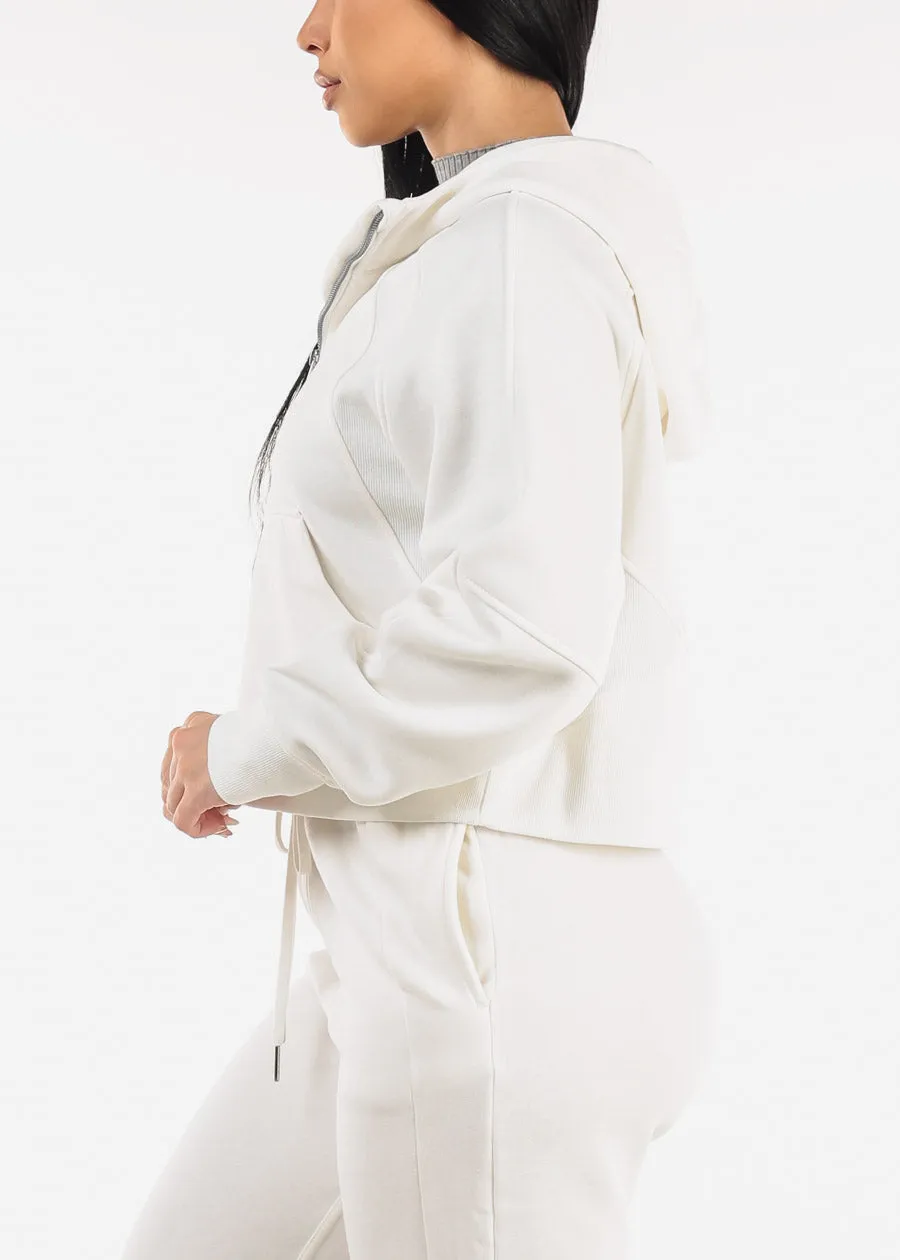 Zip Up White Fleece Hoodie w Thumbholes sold by Moda product image thumbnail 3