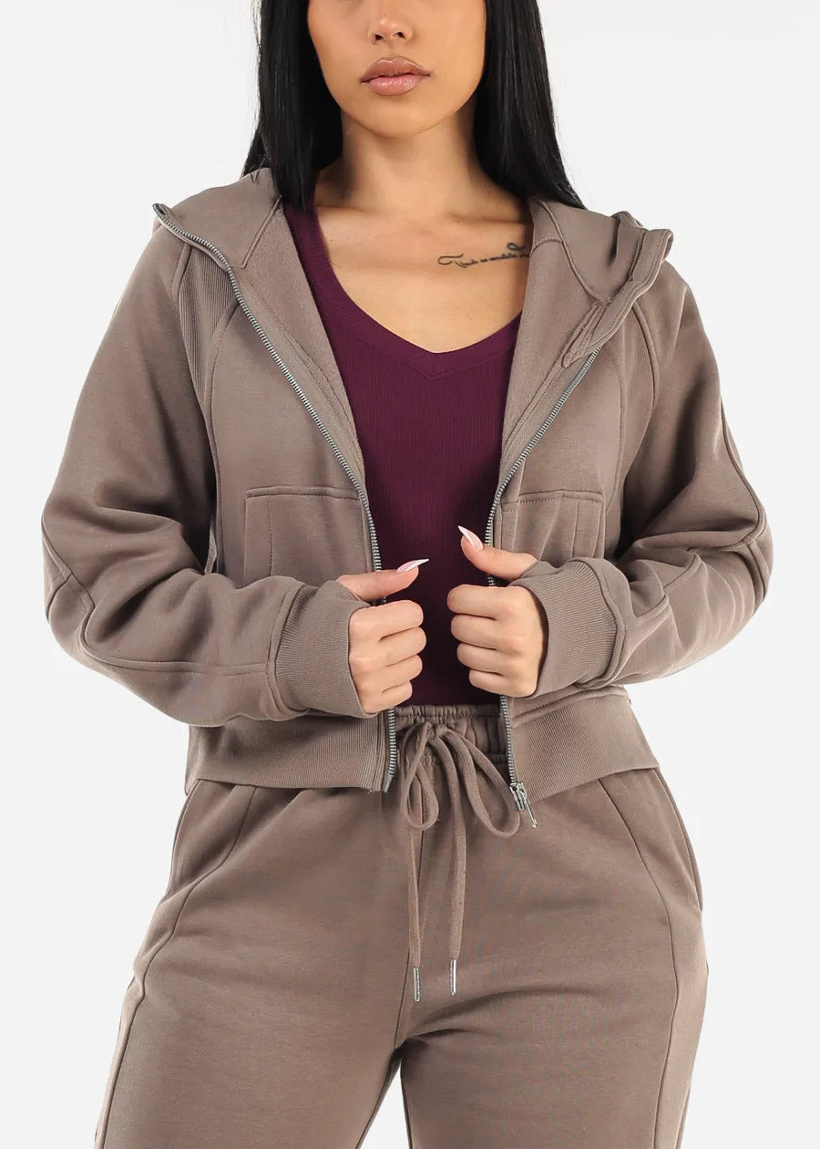 Zip Up Fleece Hoodie Mocha w Thumbholes sold by Moda