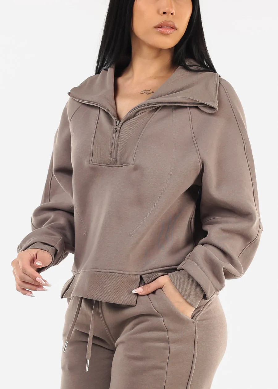 Half Zip Up Fleece Sweatshirt Mocha sold by Moda