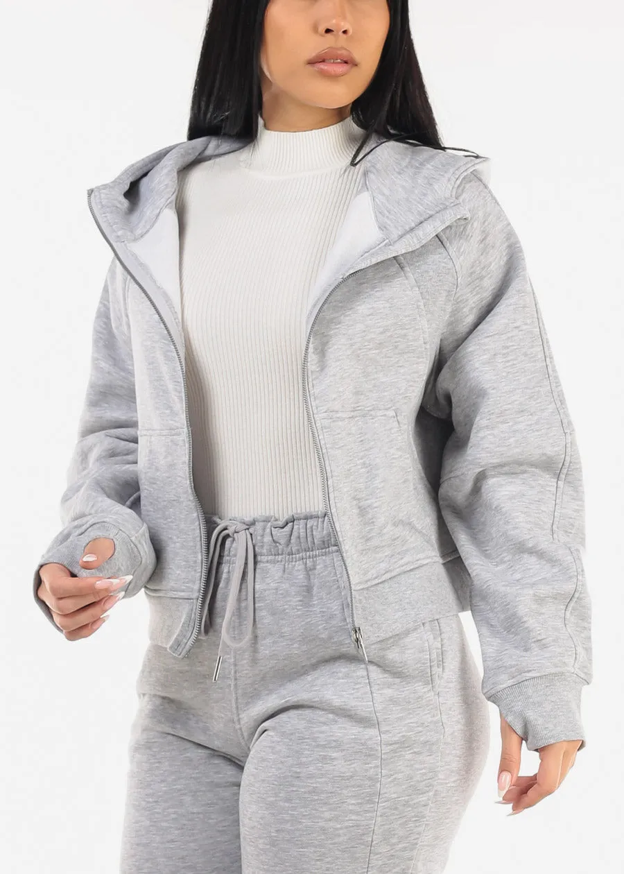 Zip Up Fleece Hoodie Grey w Thumbholes sold by Moda