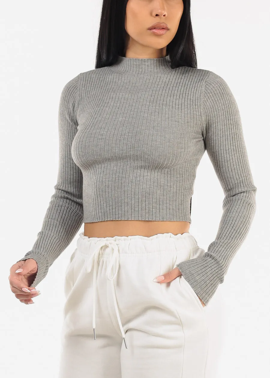 Mock Neck Ribbed Crop Sweater Top Grey sold by Moda