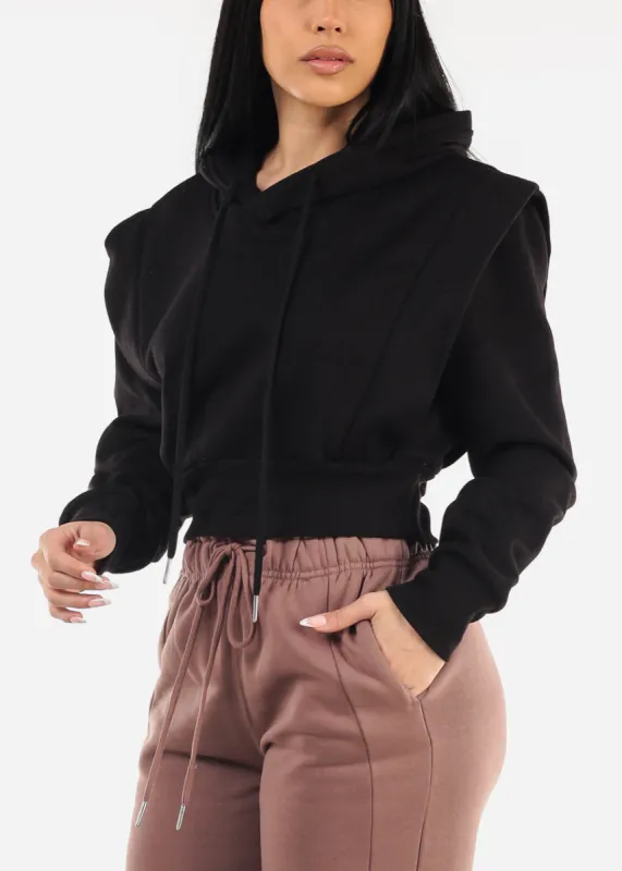 Black Cropped Hoodie w ribbed waistband sold by Moda