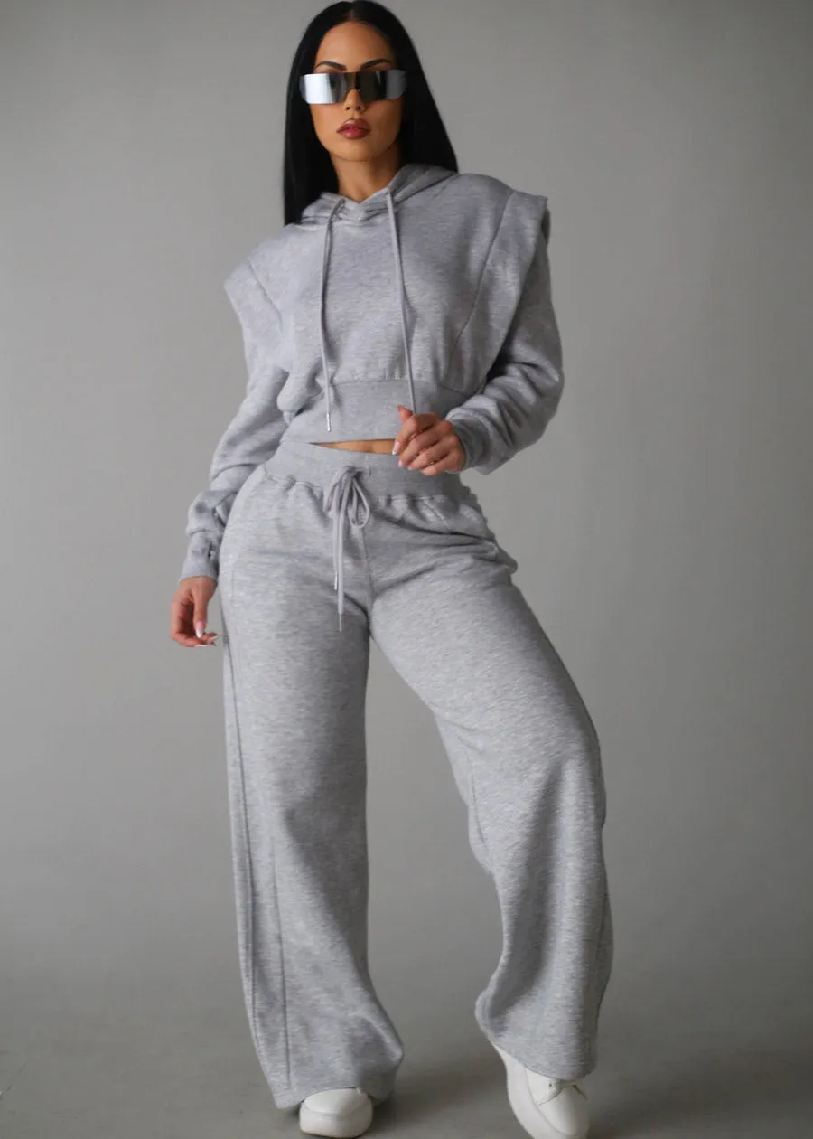 Grey Cropped Hoodie w ribbed waistband sold by Moda product image thumbnail 2