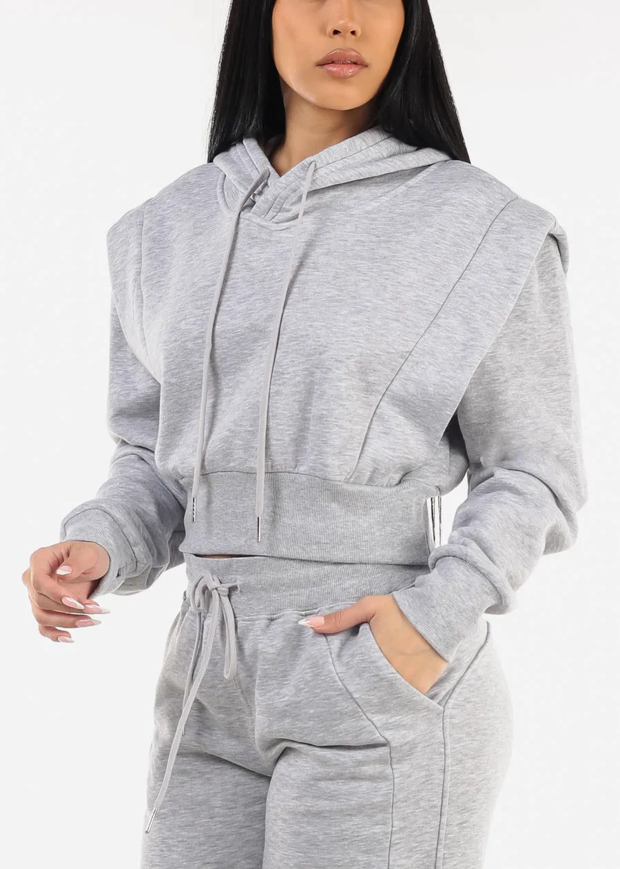 Grey Cropped Hoodie w ribbed waistband sold by Moda product image thumbnail 3
