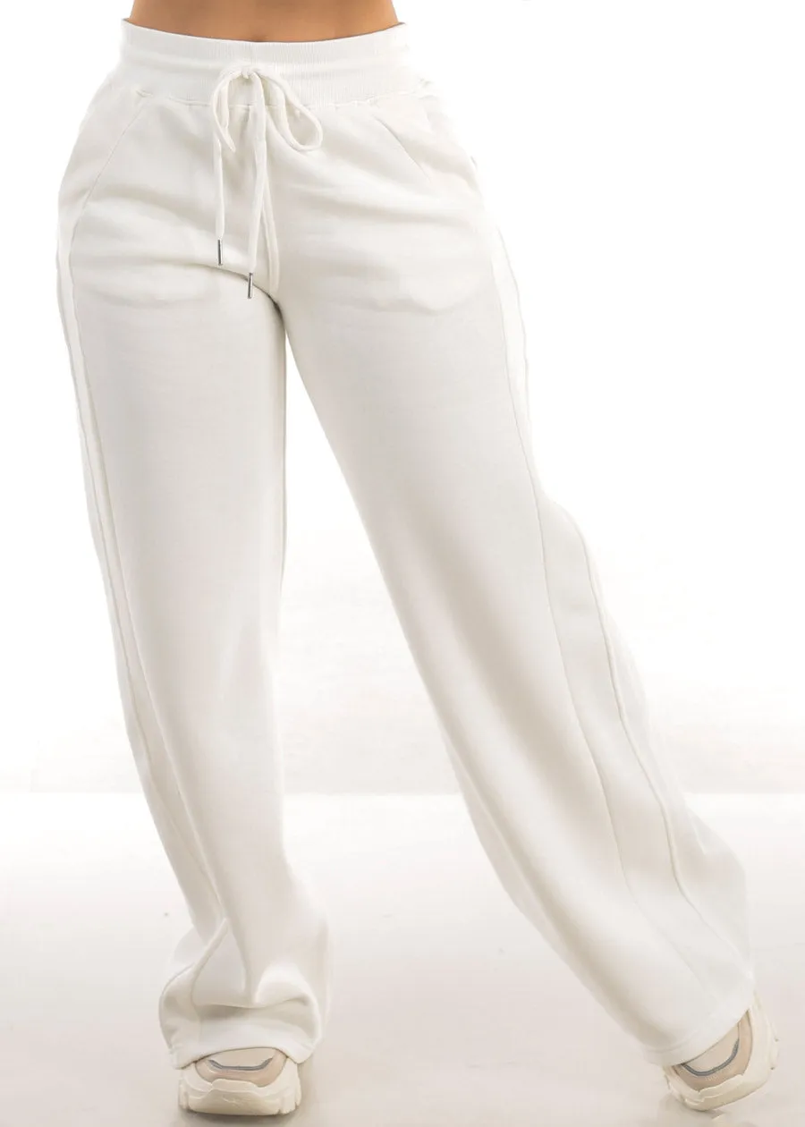 White High Waist Wide Leg Fleece Sweatpants sold by Moda