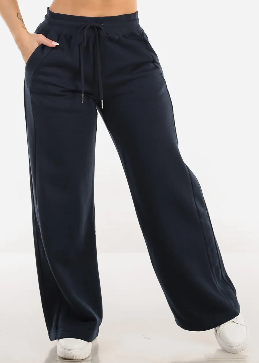 High Waist Wide Leg Fleece Sweatpants Navy sold by Moda