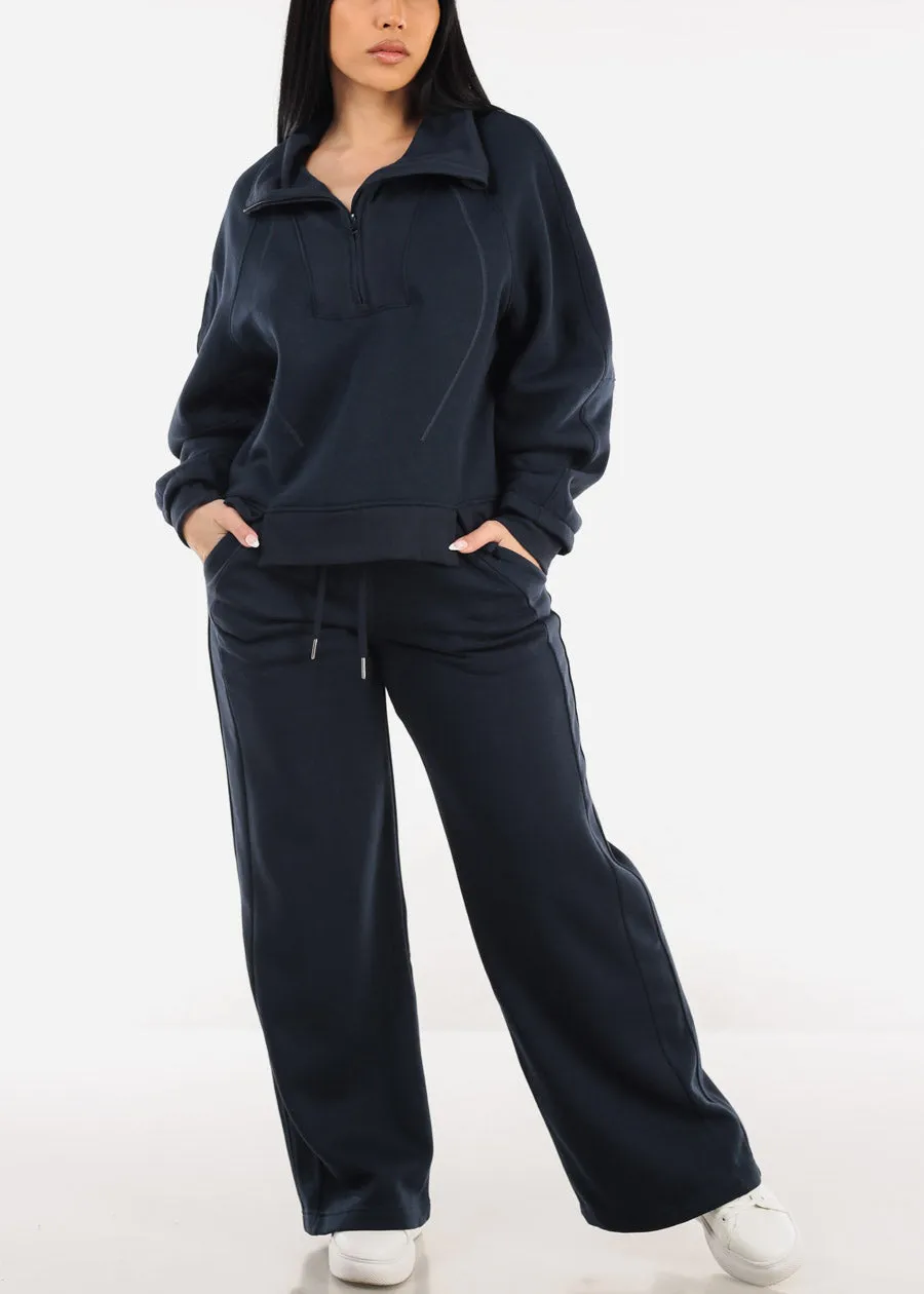 High Waist Wide Leg Fleece Sweatpants Navy sold by Moda product image thumbnail 2