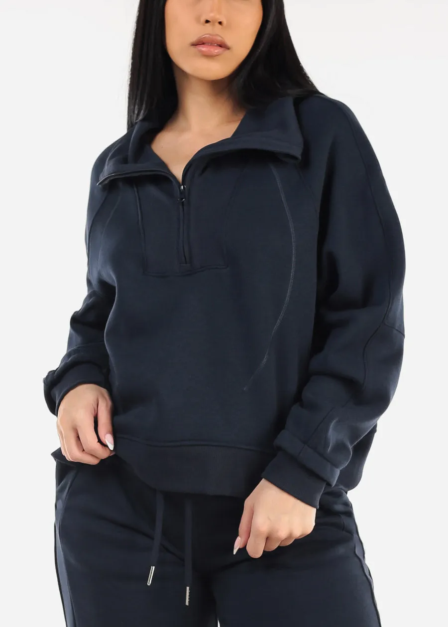 Half Zip Up Fleece Sweatshirt Navy sold by Moda