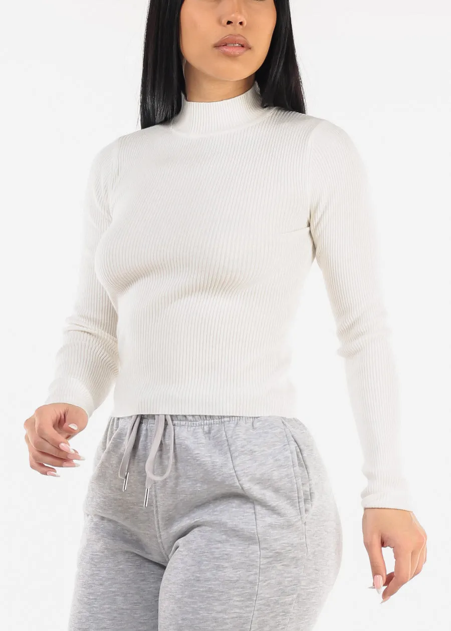 White Mock Neck Ribbed Sweater Top sold by Moda
