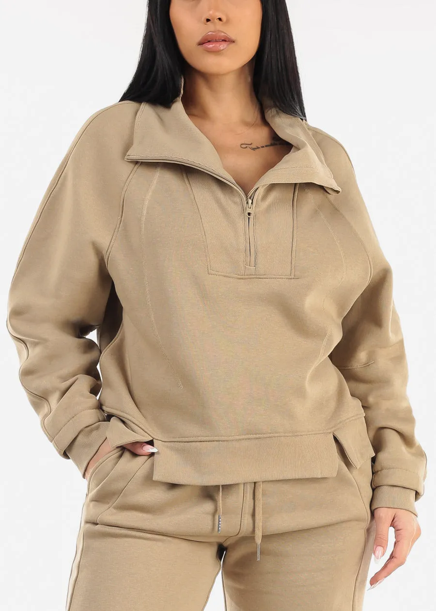 Khaki Half Zip Up Fleece Sweatshirt sold by Moda
