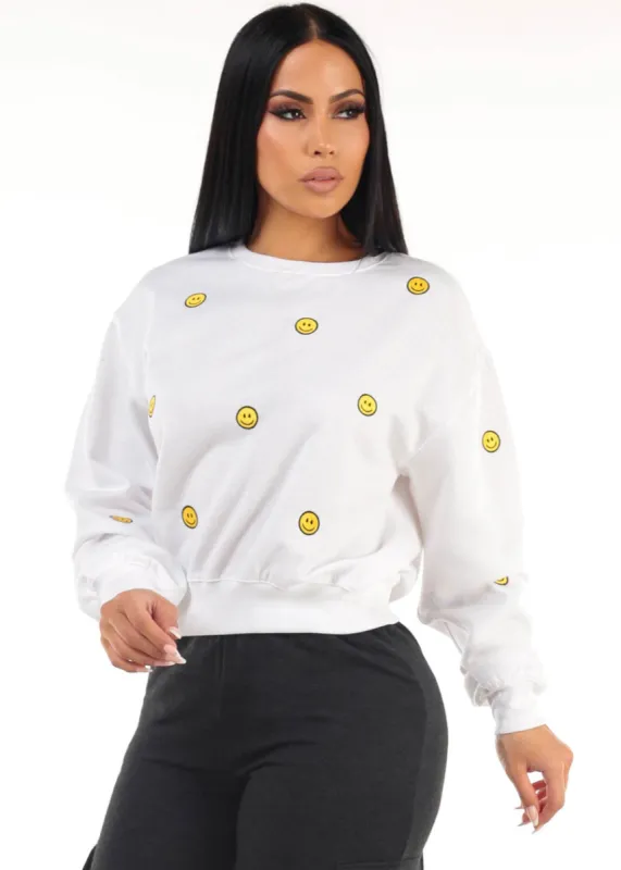 White Crewneck Fleece Sweatshirt w Smiley Faces sold by Moda