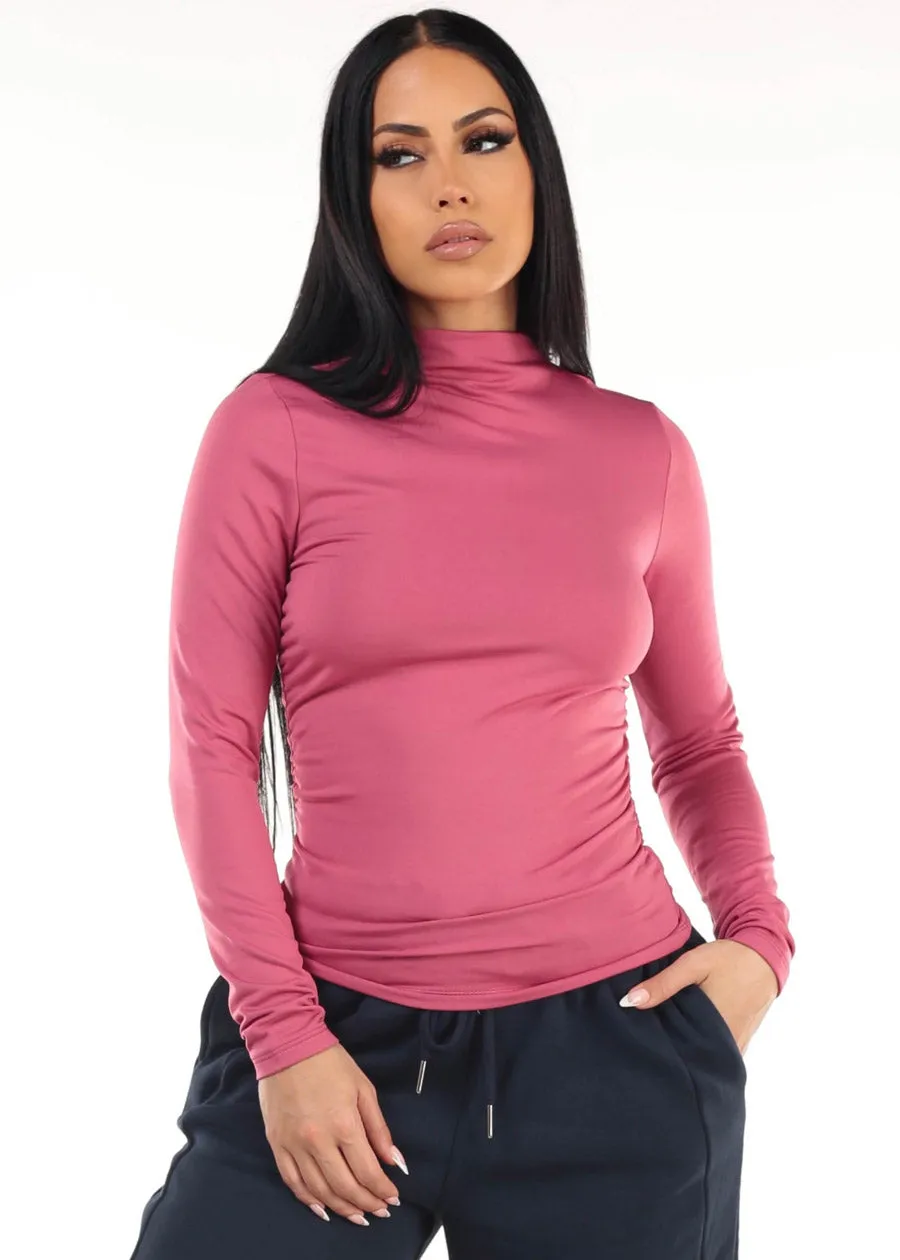 Long Sleeve Mock Neck Ruched Top Plum sold by Moda