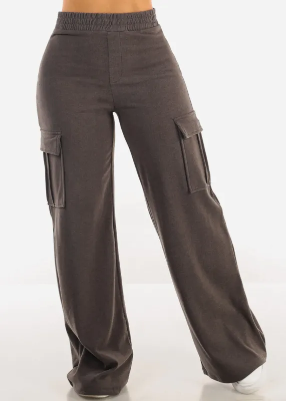 High Waist Flared Soft Cargo Pants Faded Black sold by Moda