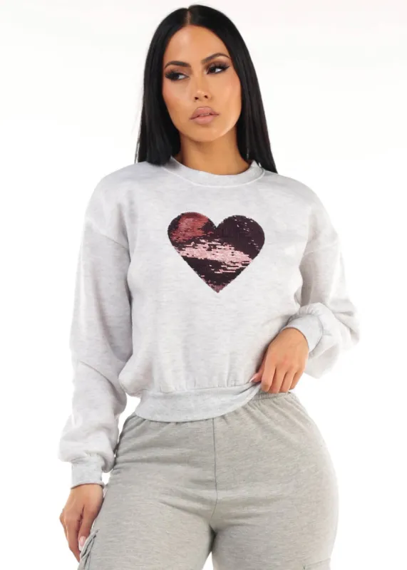 Grey Crewneck Fleece Sweatshirt w Sequin Heart sold by Moda