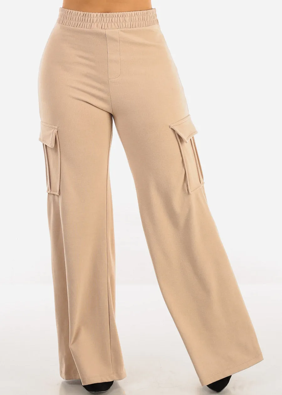 High Waist Flared Soft Cargo Pants Beige sold by Moda