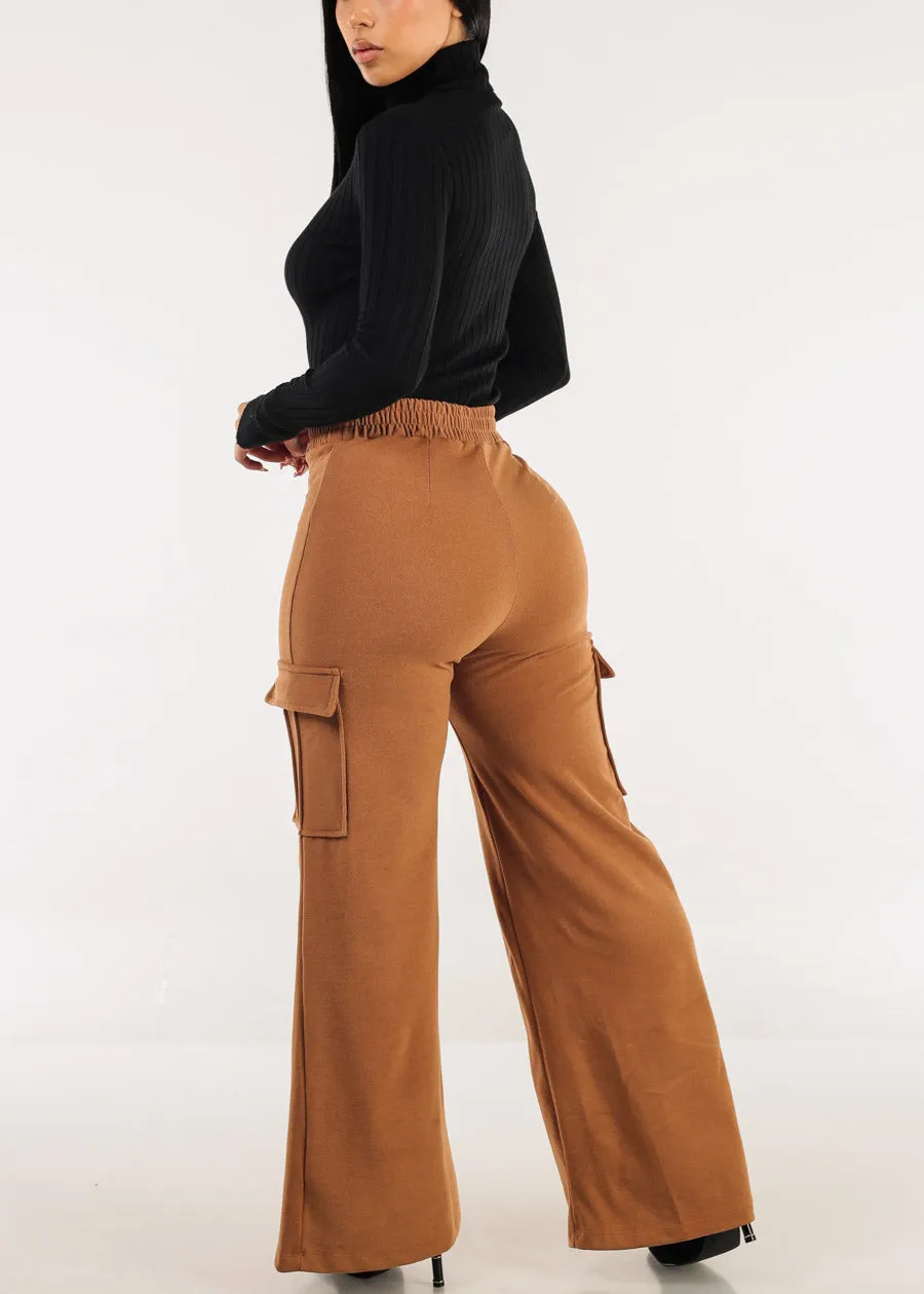 High Waist Flared Soft Cargo Pants Camel sold by Moda product image thumbnail 5