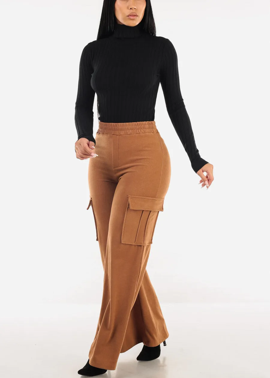 High Waist Flared Soft Cargo Pants Camel sold by Moda product image thumbnail 2