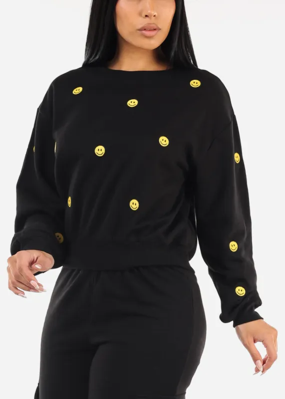 Black Crewneck Fleece Sweatshirt w Smiley Faces sold by Moda