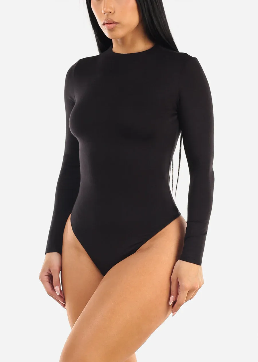 Long Sleeve Crewneck Thong Bodysuit Black sold by Moda