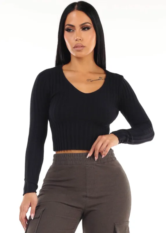 Vneck Long Sleeve Cropped Sweater Navy sold by Moda