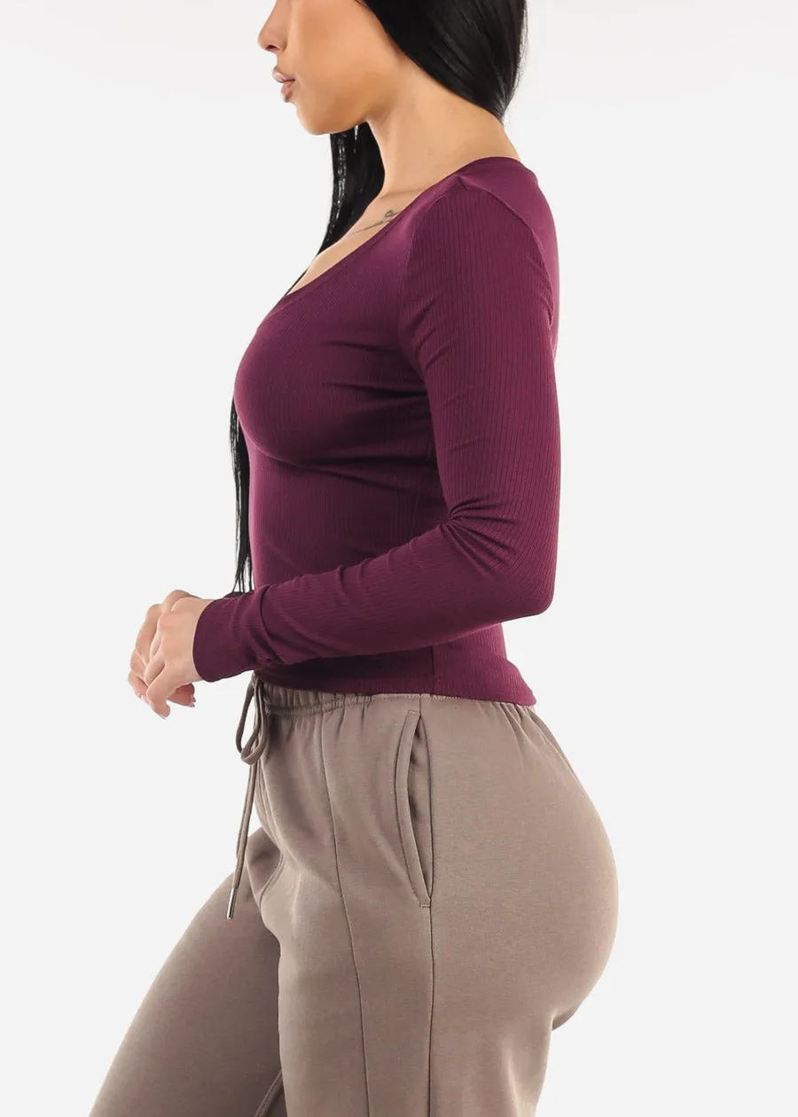 Long Sleeve V-Neck Rib Knit Top Plum sold by Moda product image thumbnail 3