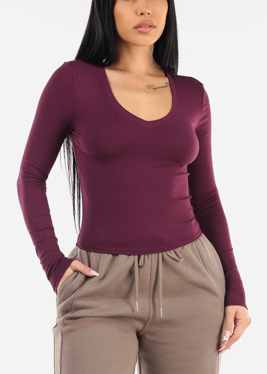 Long Sleeve V-Neck Rib Knit Top Plum sold by Moda