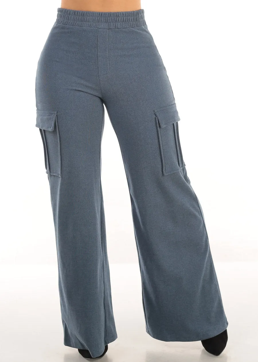 High Waist Flared Soft Cargo Pants Blue sold by Moda