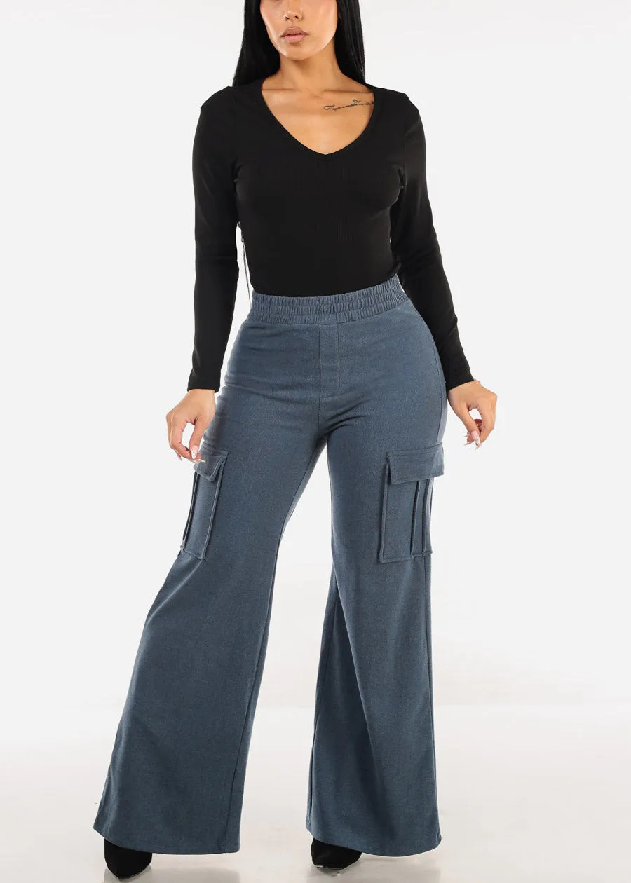 High Waist Flared Soft Cargo Pants Blue sold by Moda product image thumbnail 2