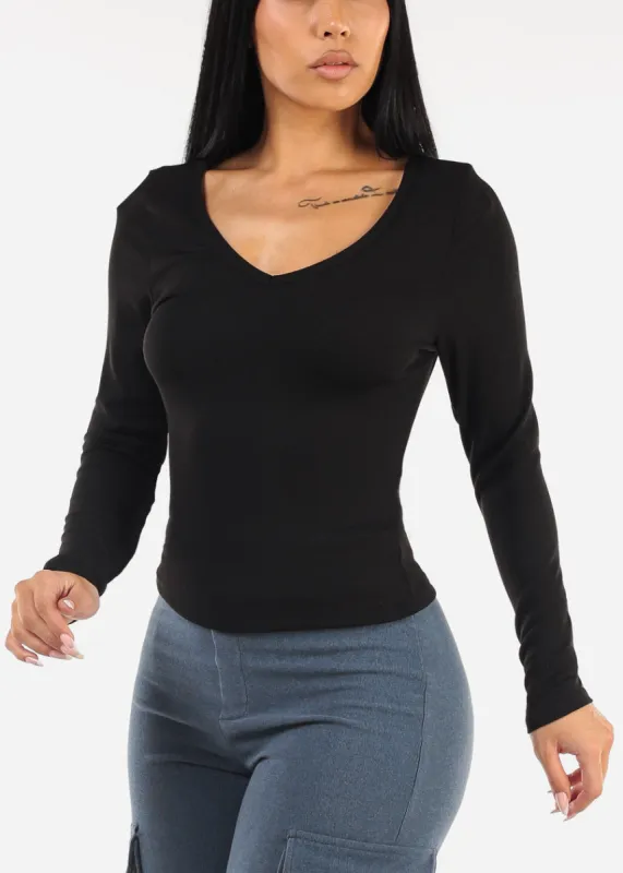 Long Sleeve Vneck Ribbed Top Black sold by Moda