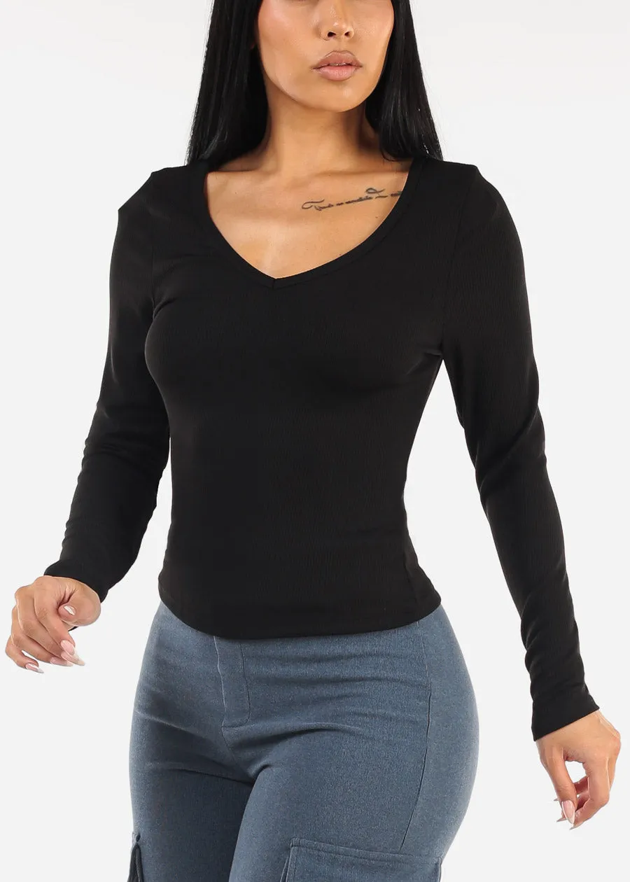 Long Sleeve Vneck Ribbed Top Black sold by Moda