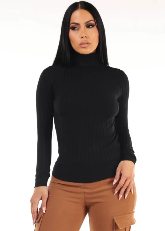 Long Sleeve Ribbed Turtleneck Sweater Black sold by Moda